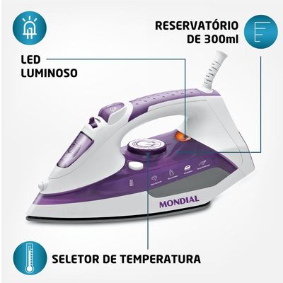 Ferro A Vapor Mondial Ceramic Express F-40 Branco/Lilás 127V 110V