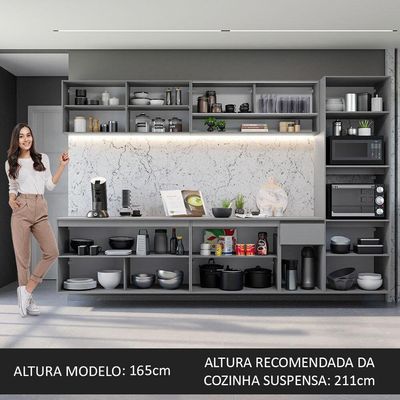 Armário De Cozinha Completa Suspenso 300cm Cinza
