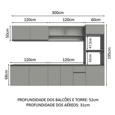 Armário De Cozinha Completa Suspenso 300cm Cinza