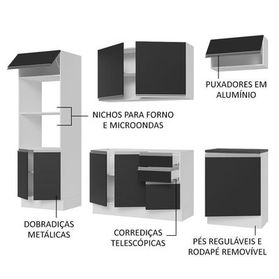 Armário De Cozinha Completa 100% Mdf 250cm 03 Branco/preto