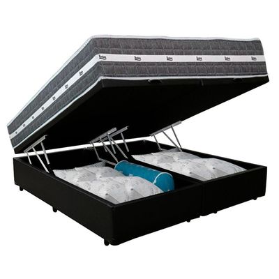 Cama Box Baú Casal Bipartido Sintético + Colchão Anjos Black Graphite Molas Ensacadas 138x188x64cm Preto