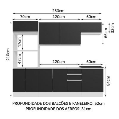 Armário De Cozinha Completa 100% Mdf 250cm 03 Branco/preto