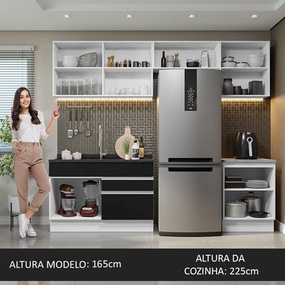Armário De Cozinha 260Cm Branco/Preto Glamy 05 Branco/Preto