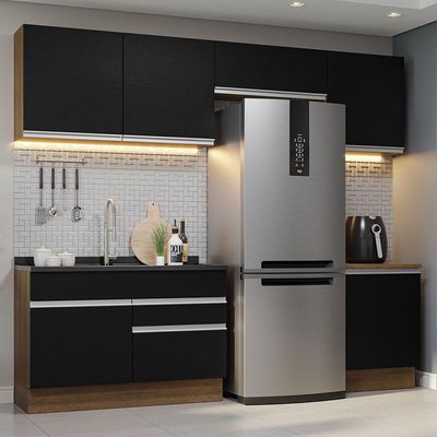 Armário De Cozinha 260Cm Rustic/Preto Glamy 05 Rustic/Preto