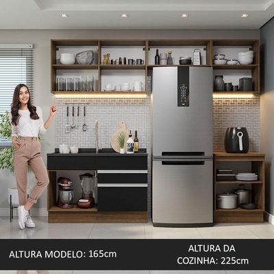 Armário De Cozinha 260Cm Rustic/Preto Glamy 05 Rustic/Preto