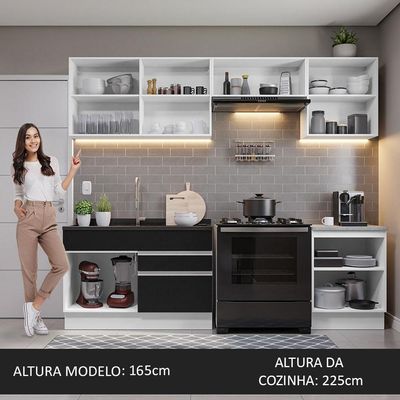 Armário De Cozinha 260Cm Branco/Preto Glamy 04 Branco/Preto