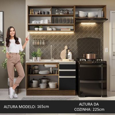 Armário De Cozinha 200Cm Rustic/Preto Glamy 08 Rustic/Preto