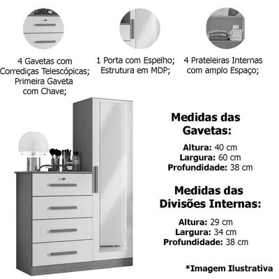 Cômoda Guarda-roupa Caribe 4 Gavetas 1 Porta Com Espelho Cinamomo Off White
