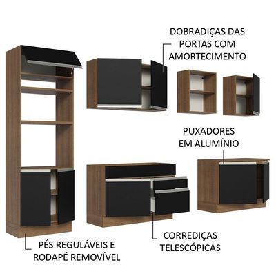 Armário De Cozinha 310cm Rustic/Preto 02 Rustic/Preto
