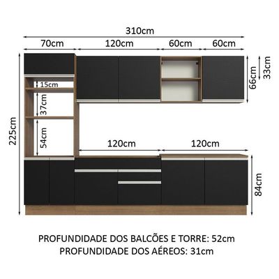Armário De Cozinha 310cm Rustic/Preto 02 Rustic/Preto