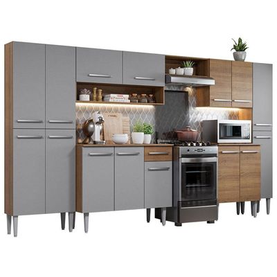Armário De Cozinha Completa 325cm Rustic/cinza Emilly Joy Madesa Rustic/cinza