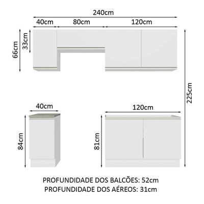 Armário De Cozinha 240Cm Branco Glamy 10 Branco