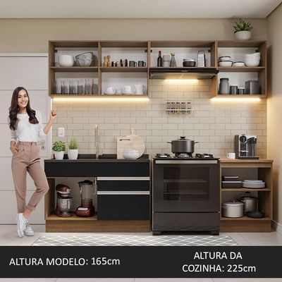Armário De Cozinha 260Cm Rustic/Preto Glamy 04 Rustic/Preto