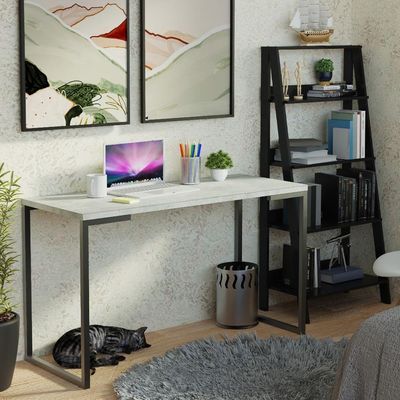Kit Escritório Home Office + Mesa + Estante Escada/cinza