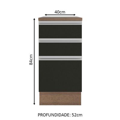 Balcão Madesa Glamy 40 Cm 3 Gavetas Rustic Preto