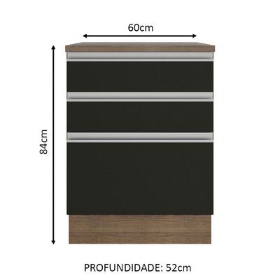 Balcão Glamy 60cm 3 Gavetas Rustic Preto