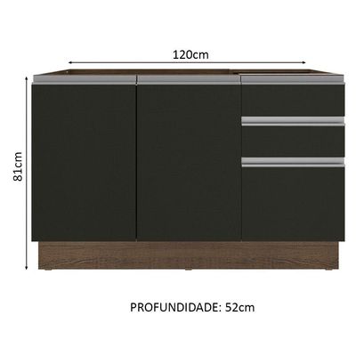 Balcão de Pia Madesa Glamy 2 Portas e 3 Gavetas Rustic Preto