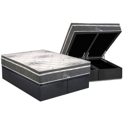 Cama Box Baú Queen: Colchão Molas Bonnel Polar Ensacadas Safira + Base Crc Suede Gray (158x198)