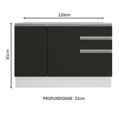 Balcão de Pia Madesa Glamy 2 Portas e 3 Gavetas Branco Preto
