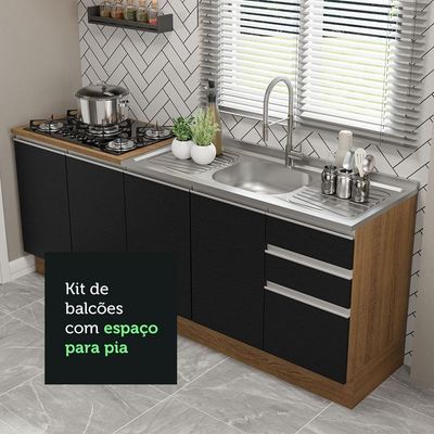 Kit Com 2 Balcões De Cozinha Madesa Glamy 4 Portas 3 Gavetas (sem Tampo E Pia) - Rustic/preto