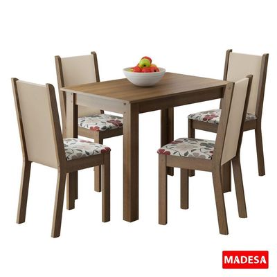 Kit Cíntia Hibiscos Mesa Tampo de Madeira 4 Cadeiras Madesa