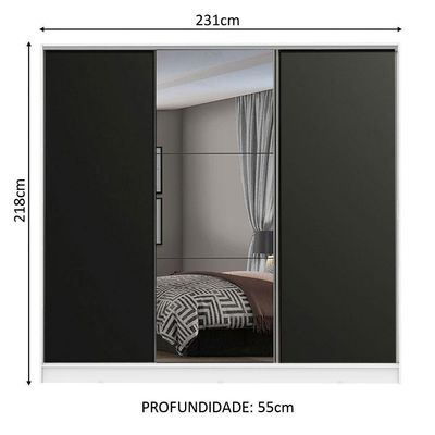 Guarda Roupa Casal 3 Portas de Correr Espelho Branco e Preto