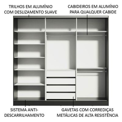 Guarda Roupa Casal Madesa Zurique 3 Portas Correr c/Espelhos
