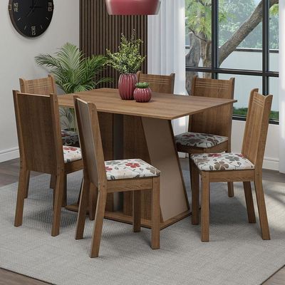 Conjunto Sala De Jantar Mesa Tampo De Madeira 6 Cadeiras Rustic/crema/hibiscos