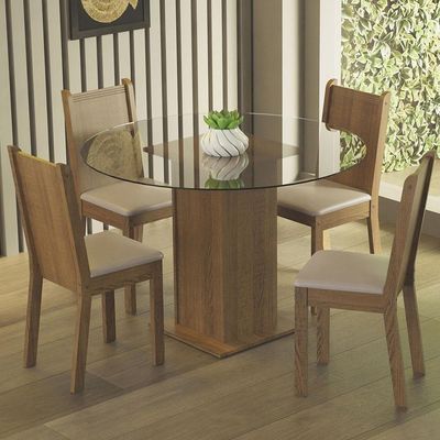 Conj. Mesa Tampo De Vidro 4 Cadeiras Rustic/bege