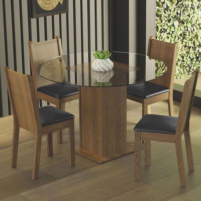 Conj. Mesa Tampo De Vidro 4 Cadeiras Rustic/Preto