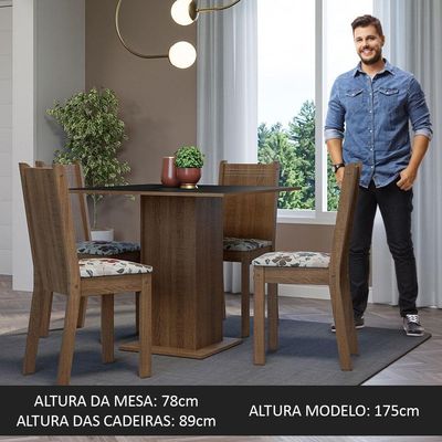 Conjunto Sala De Jantar Mesa Tampo De Madeira 4 Cadeiras Rustic/preto/floral Hibiscos Samara Madesa