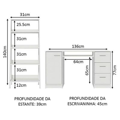 Escrivaninha Madesa Alaska + Estante Escada - Branco Branco