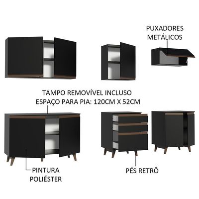 Cozinha Completa Reims com Armário e Balcão Preto Madesa