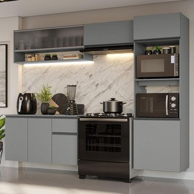 Armário De Cozinha Completa Suspenso 260cm 11 Cinza