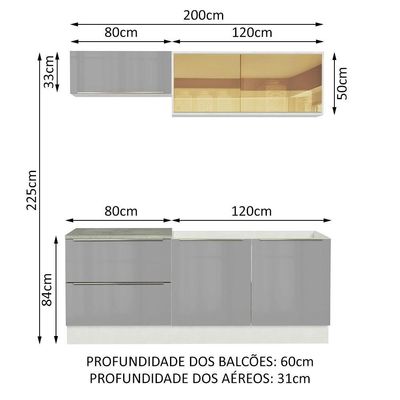 Cozinha Completa com Armário 5 Portas 2 Gavetas Branco Cinza