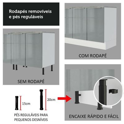 Cozinha Completa com Armário 5 Portas 2 Gavetas Branco Cinza