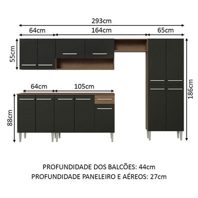Armário De Cozinha Completa 293cm Rustic/preto Emilly Madesa 10 Rustic/preto