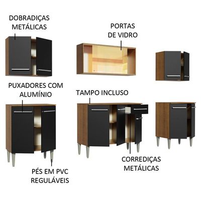 Cozinha Completa Madesa Balcão e Armário Aéreo Rustic/preto
