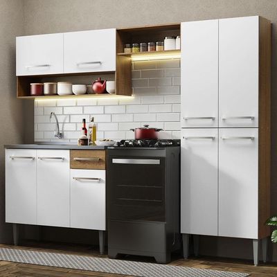 Armário De Cozinha Compacta 229cm Com Pia Rustic/branco Emilly Madesa 10 Rustic/branco