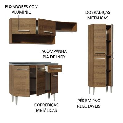 Armário De Cozinha Compacta 229cm Com Pia Rustic Emilly Madesa 10 Rustic
