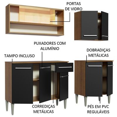 Cozinha Completa Madesa Balcão e Armário Vidro Rustic/preto