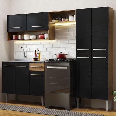 Armário De Cozinha Compacta 229cm Com Pia Rustic/preto Emilly Madesa 10 Rustic/preto