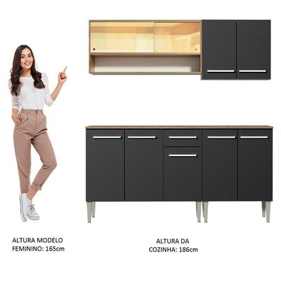 Cozinha Completa Madesa Balcão e Armário Vidro Rustic/preto