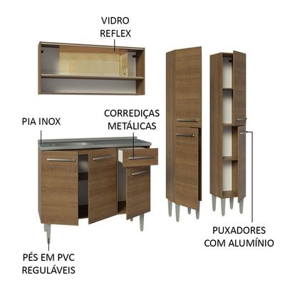 Armário De Cozinha Compacta 169cm Com Pia Rustic Emilly Madesa 14 Rustic