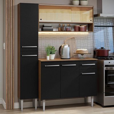 Armário De Cozinha Compacta 137cm Rustic/preto Emilly Madesa 09 Rustic/preto