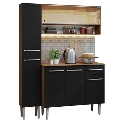 Armário De Cozinha Compacta 137cm Rustic/preto Emilly Madesa 09 Rustic/preto