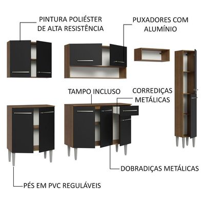 Armário De Cozinha Compacta 261 Cm Rustic/preto Emilly Madesa 09 Rustic/preto