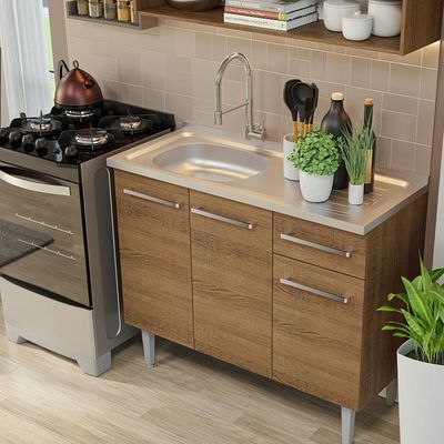 Armário De Cozinha Compacta 165cm Com Pia Rustic Emilly Madesa 01 Rustic