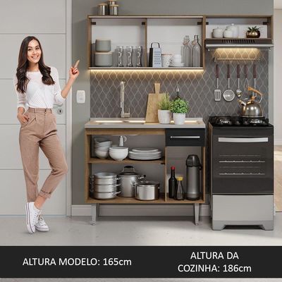 Armário De Cozinha Compacta 165cm Com Pia Rustic/preto Emilly Madesa 06 Rustic/preto