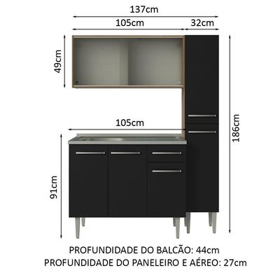 Armário De Cozinha Compacta 137cm Com Pia Rustic/preto Emilly Madesa 07 Rustic/preto